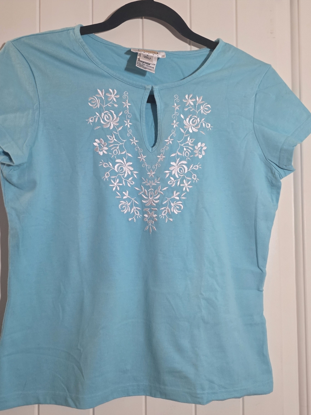 Talbots Aqua Short-Sleeve Tee with White Floral Embroidery